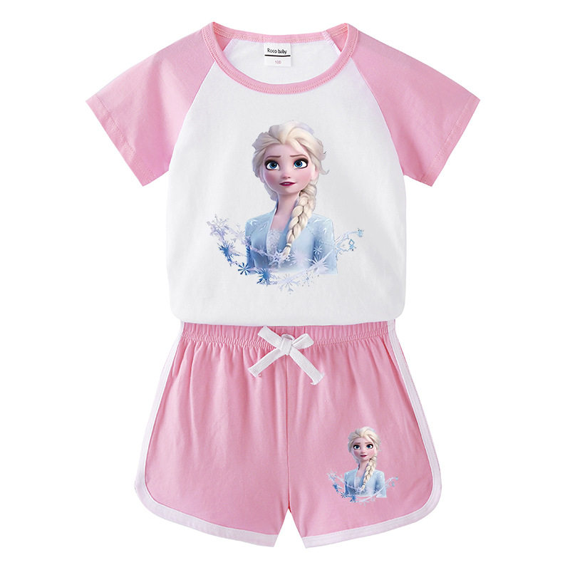 女童纯棉短袖T恤卡通艾莎公主冰雪奇缘衣服儿童套装夏装薄款上衣