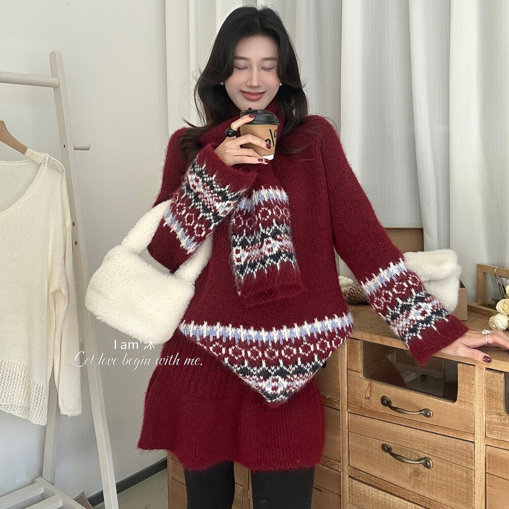 实体店同款时髦慵懒风花纹毛衣三件套女冬季宽松套装配围巾休闲