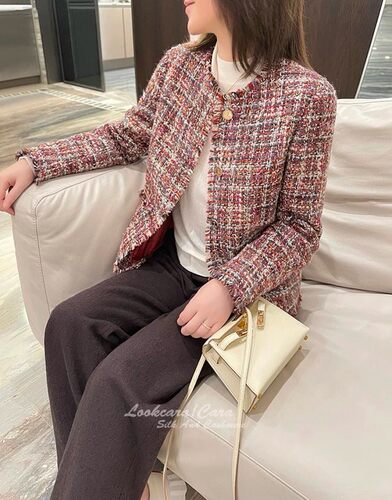 特！春季的小香风花纱小外套 玫瑰紫色泽旋律 羊毛立体金属扣外套