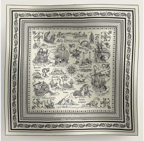 黑白配色 水手素描纹身bandana 山羊绒真丝大方巾 百搭款围巾披肩