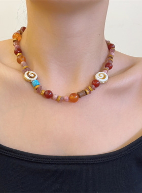 赵露思同款红玛瑙串珠项链女小众多元素天然石毛衣链复古颈链