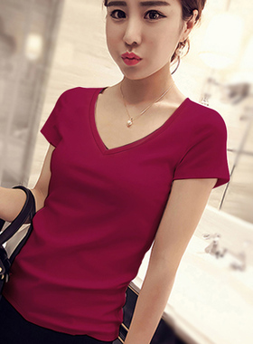 酒红色纯棉鸡心领短袖t恤女夏修身时尚简约百搭薄款显瘦体恤上衣