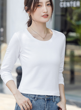 早秋白色长袖t恤圆领修身打底衫女内搭春秋时尚洋气纯棉低领上衣