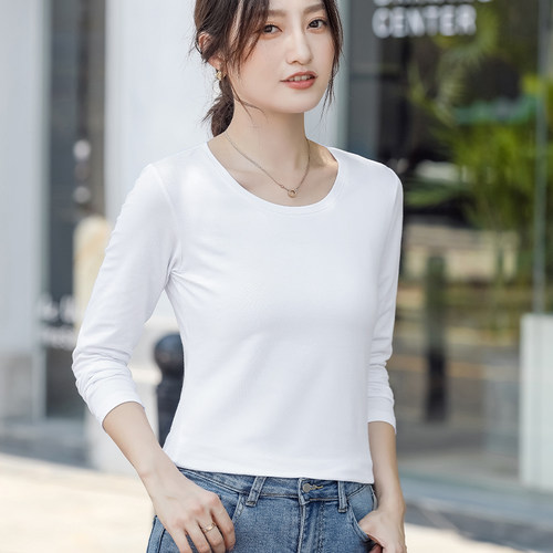 早秋白色圆领长袖修身纯棉T恤女