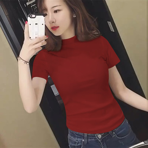 半高领砖红纯棉修身短袖T恤女