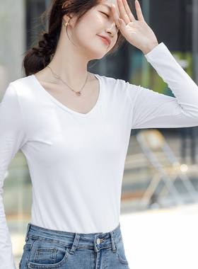 白色纯棉长袖t恤女2025年新款修身显瘦打底衫内搭春秋v领百搭上衣