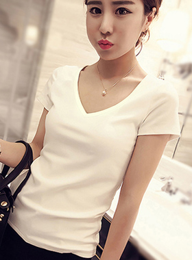 今年流行时尚爆款白色纯棉v领t恤女短袖夏季女装体恤衫紧身上衣