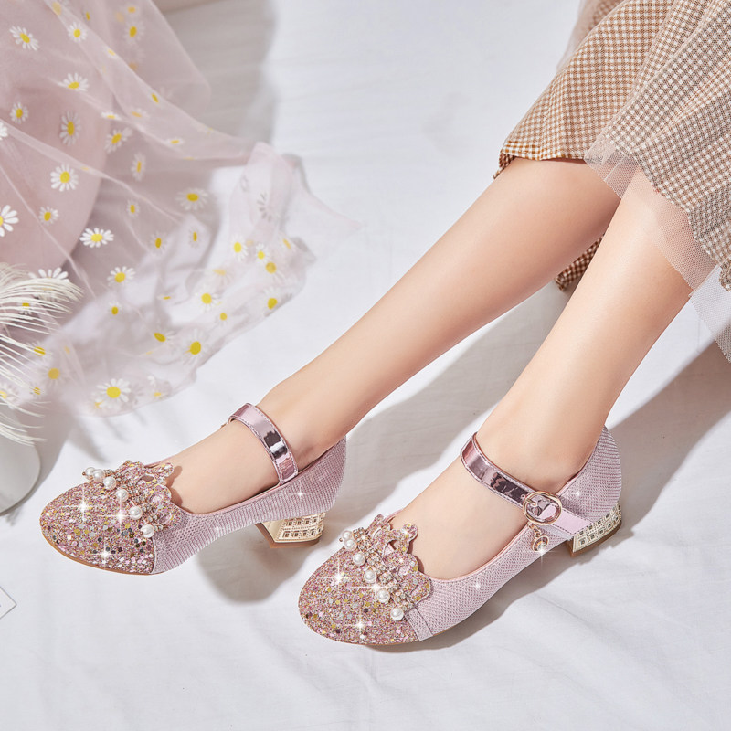 春秋儿童高跟鞋水晶鞋女童皮鞋钢琴表演出鞋公主鞋小女孩礼服鞋子