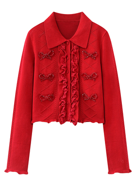 甜美风红色翻领蝴蝶结花边针织开衫女2026春季新款长袖毛衣