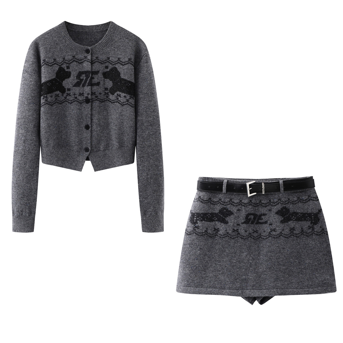 时尚动物图案针织开衫半裙套装女