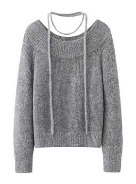 圆领绑带针织衫女2026春季新款灰色套头百搭毛衣上衣