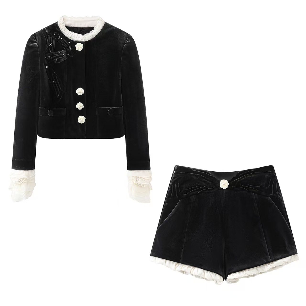 高端立体花边领丝绒短外套半裙