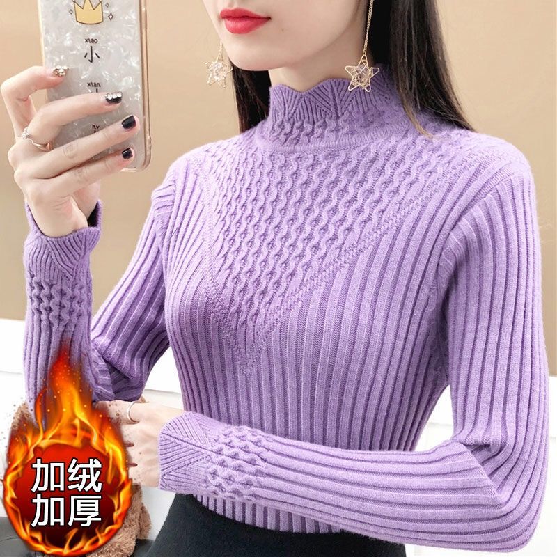 半高领针织衫毛衣女秋冬新款加绒加厚修身紧身百搭套头长袖打底衫