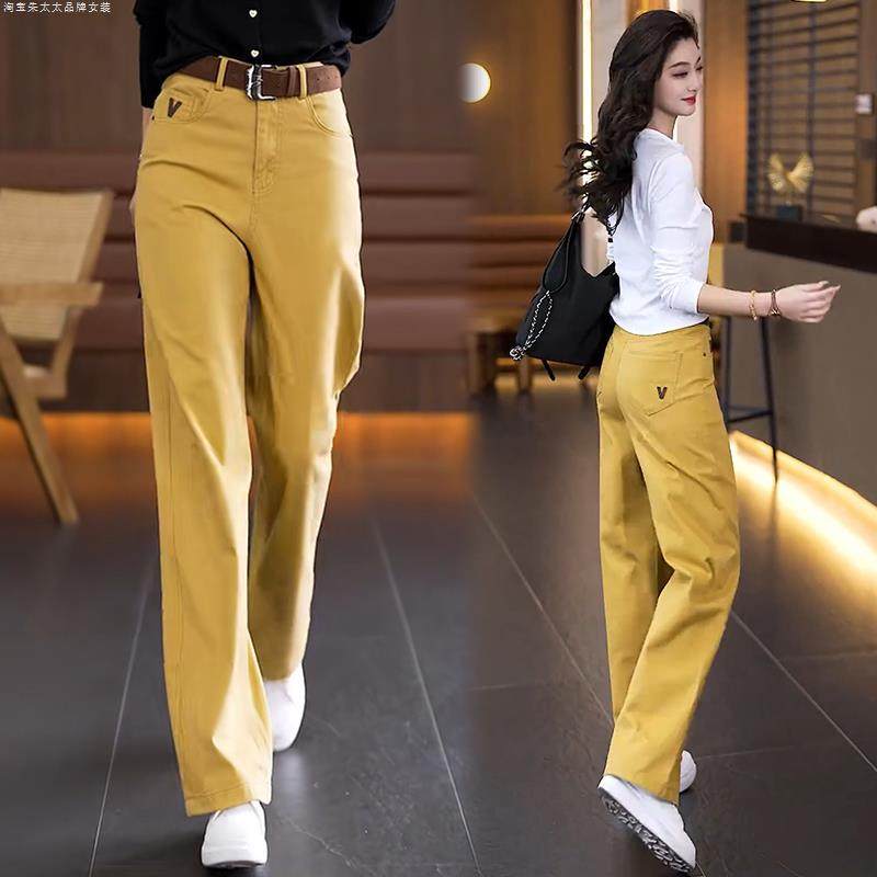 黄色休闲牛仔裤女2026新款今年流行的爆款小个子九分直筒阔腿裤子