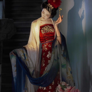 琴挑五代【花月夜·红】晚唐仿簪花仕女图复原大袖衫齐胸诃子裙