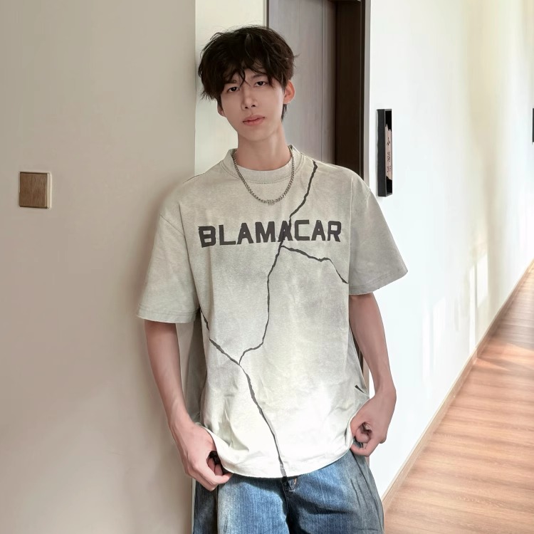 行星世界 美式复古做旧裂纹短袖t恤男女夏季潮牌宽松落肩上衣