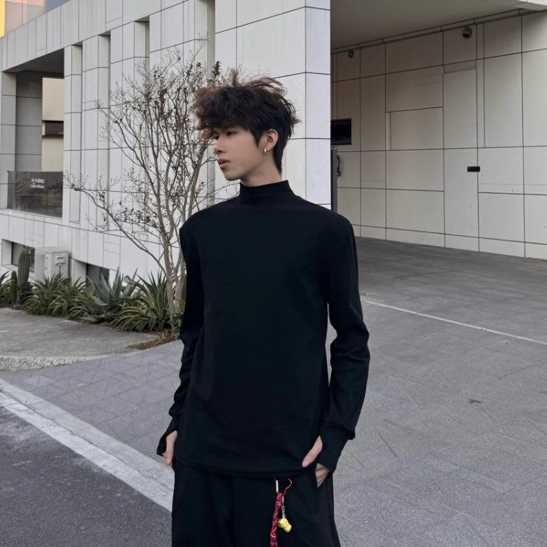 行星世界 美式复古半高领长袖T恤男宽松休闲百搭打底衫上衣