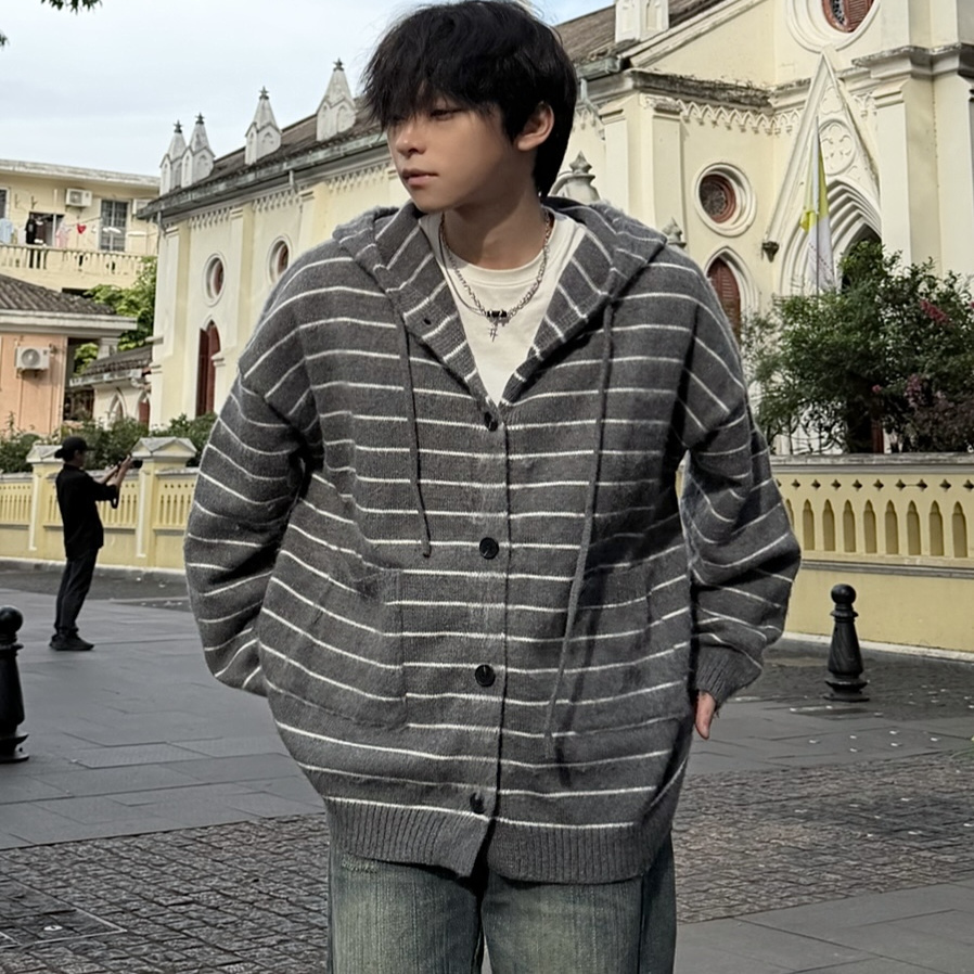 行星世界 美式条纹连帽针织衫男宽松开衫毛衣韩系慵懒高级感外套