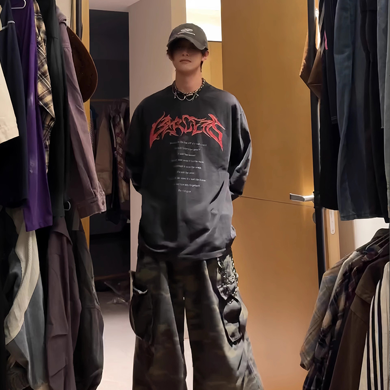 行星世界 做旧渐变洗水T恤美式街头系列印花重磅宽松男女长袖