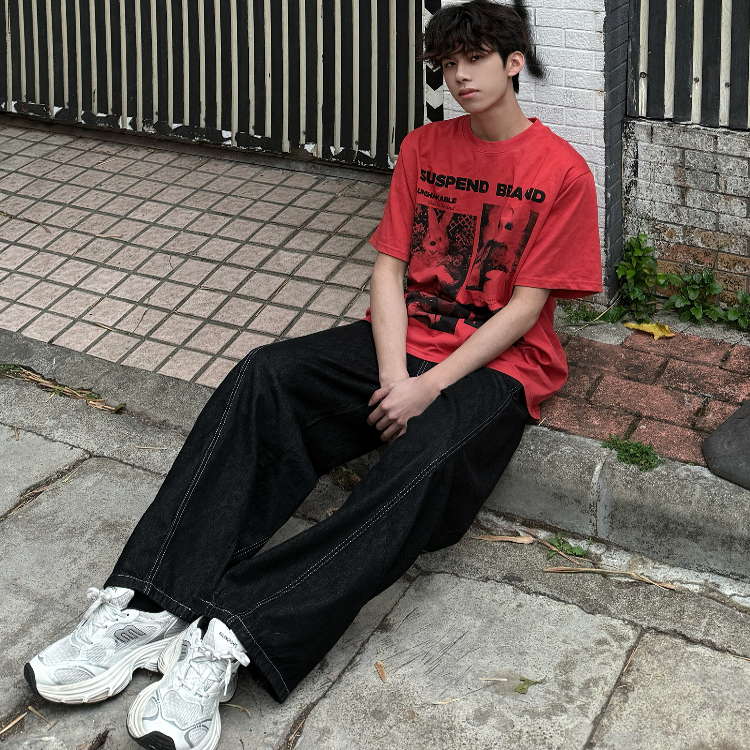 行星世界 美式复古趣味兔子印花短袖T恤男女oversize高街百搭