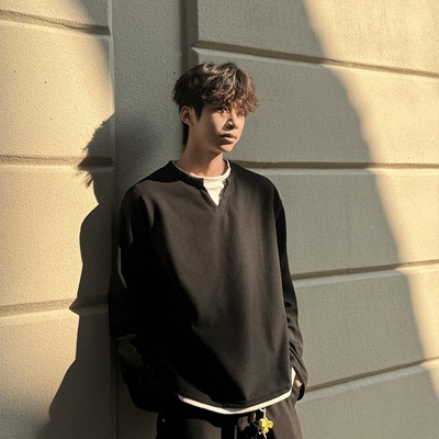 行星世界 美式复古假两件v领卫衣男款秋冬潮牌慵懒风长袖t恤