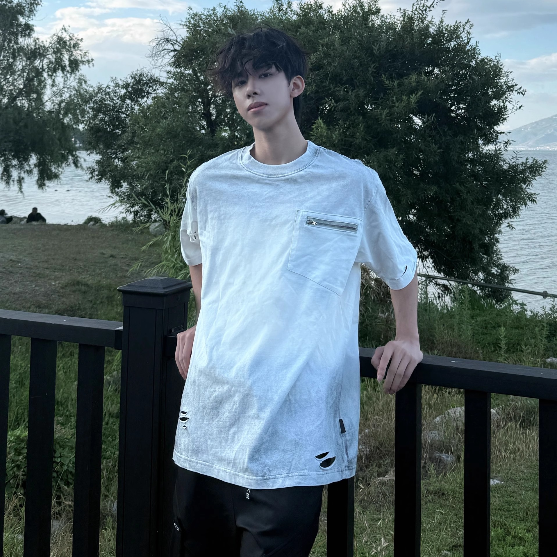 行星世界 美式复古扎染破洞拉链短袖T恤男夏季纯棉设计感小众高街