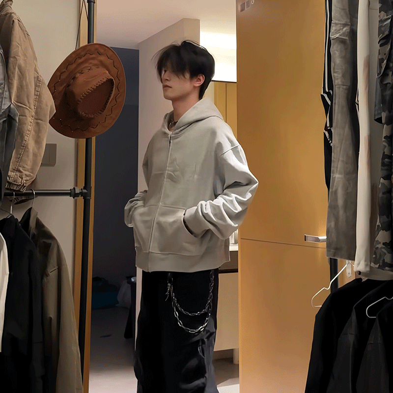 行星世界 cleanfit浅灰色外套男潮流高级感美式复古连帽开衫卫衣