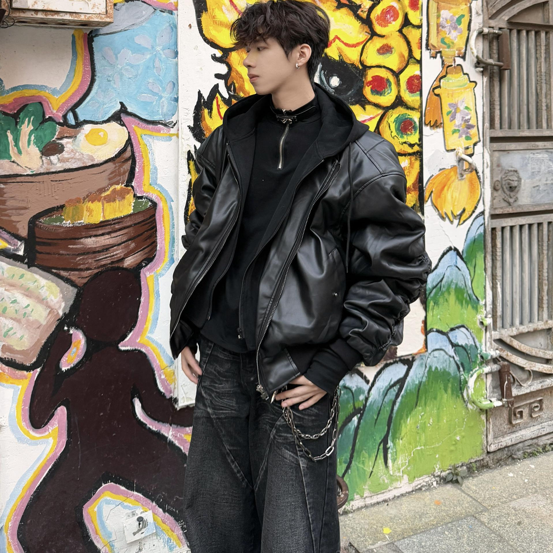 行星世界 冬季连帽高级感痞帅加棉皮衣男宽松美式复古灯笼袖夹克