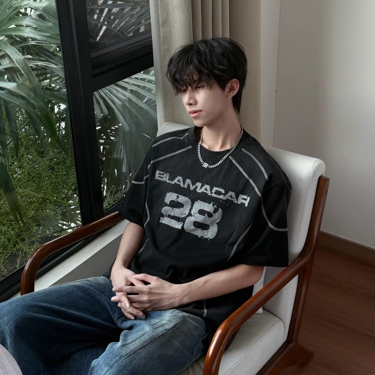 行星世界 美式复古扎染印花短袖T恤男夏季重磅高街宽松圆领体恤