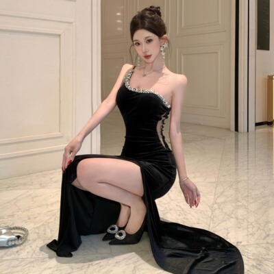 性感抹胸鱼尾裙长裙镶钻晚礼服