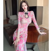 七分袖 开叉网红连衣裙子 气质少女年轻款 长款 旗袍女舞蹈服2025新款