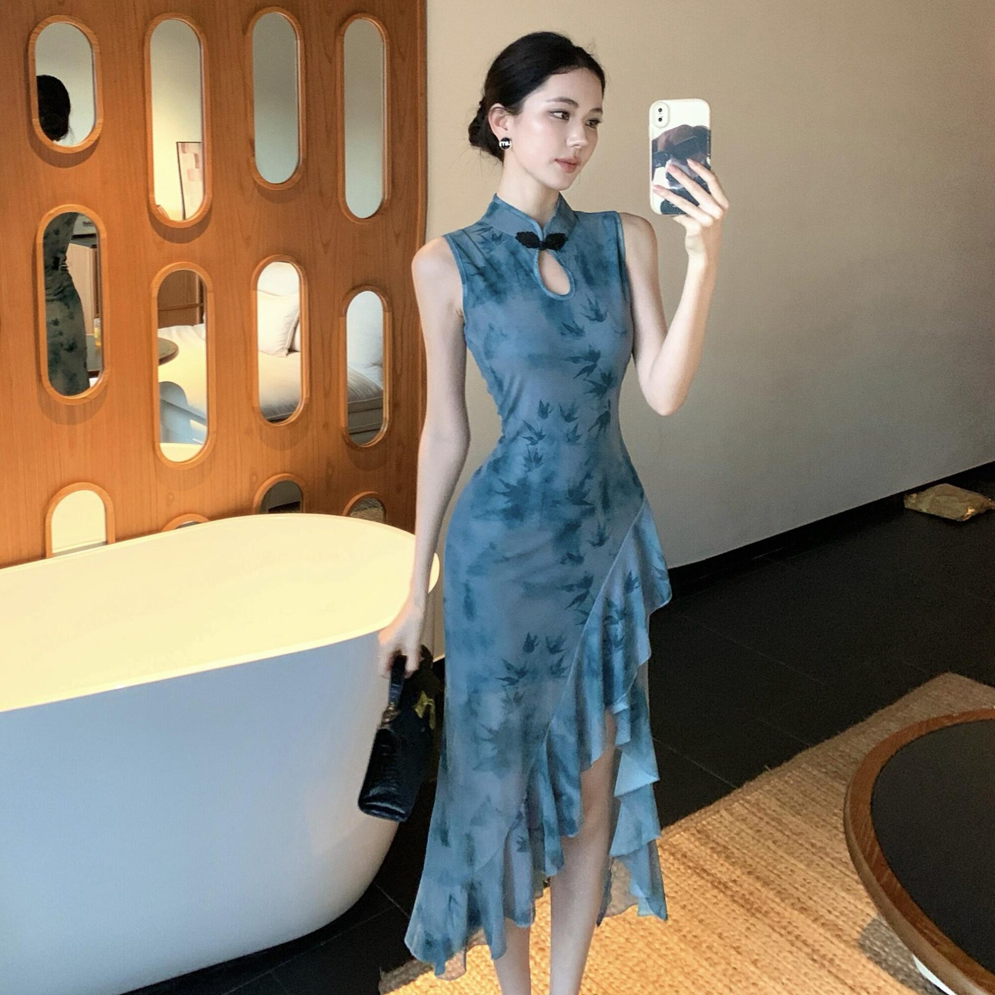 复古表演中长款镂空开叉旗袍显瘦