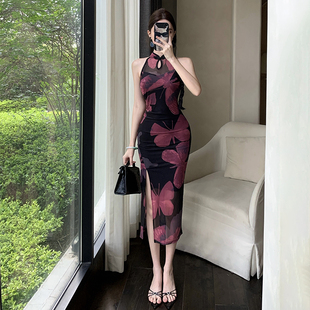 复古新中式气质显白修身包臀性感网纱无袖旗袍连衣裙女技师工作服