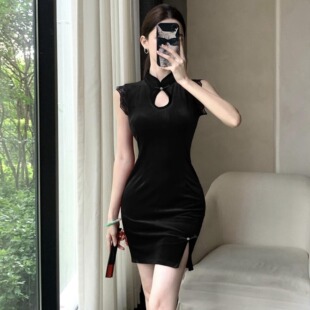 复古气质黑色丝绒短款改良旗袍连衣裙女技师服修身显瘦包臀短裙子