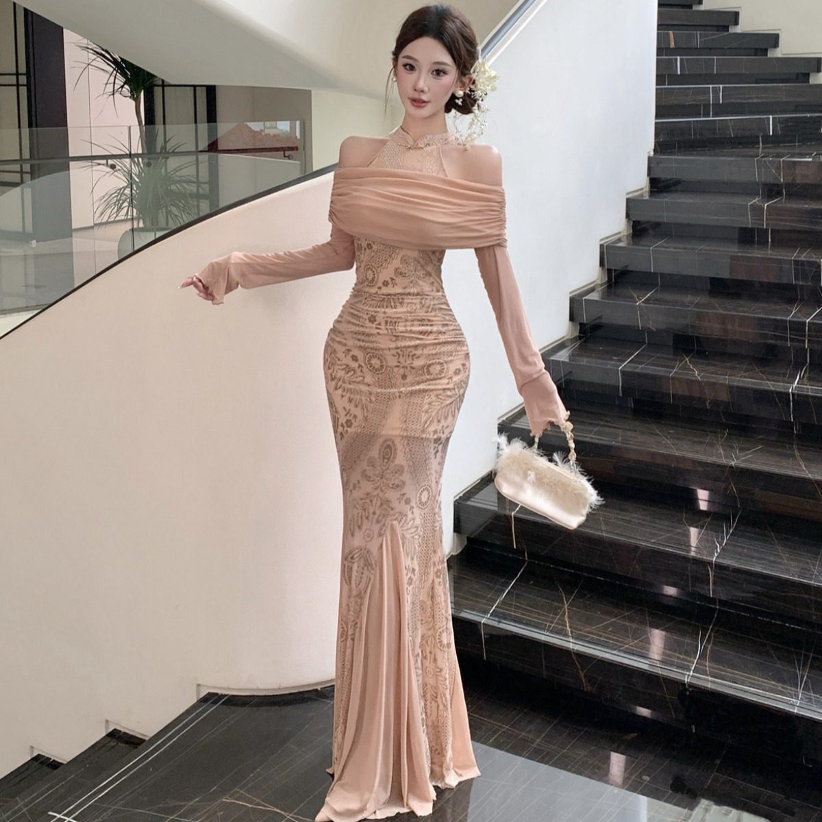 气质感鱼尾裙印花鱼尾显白显身材