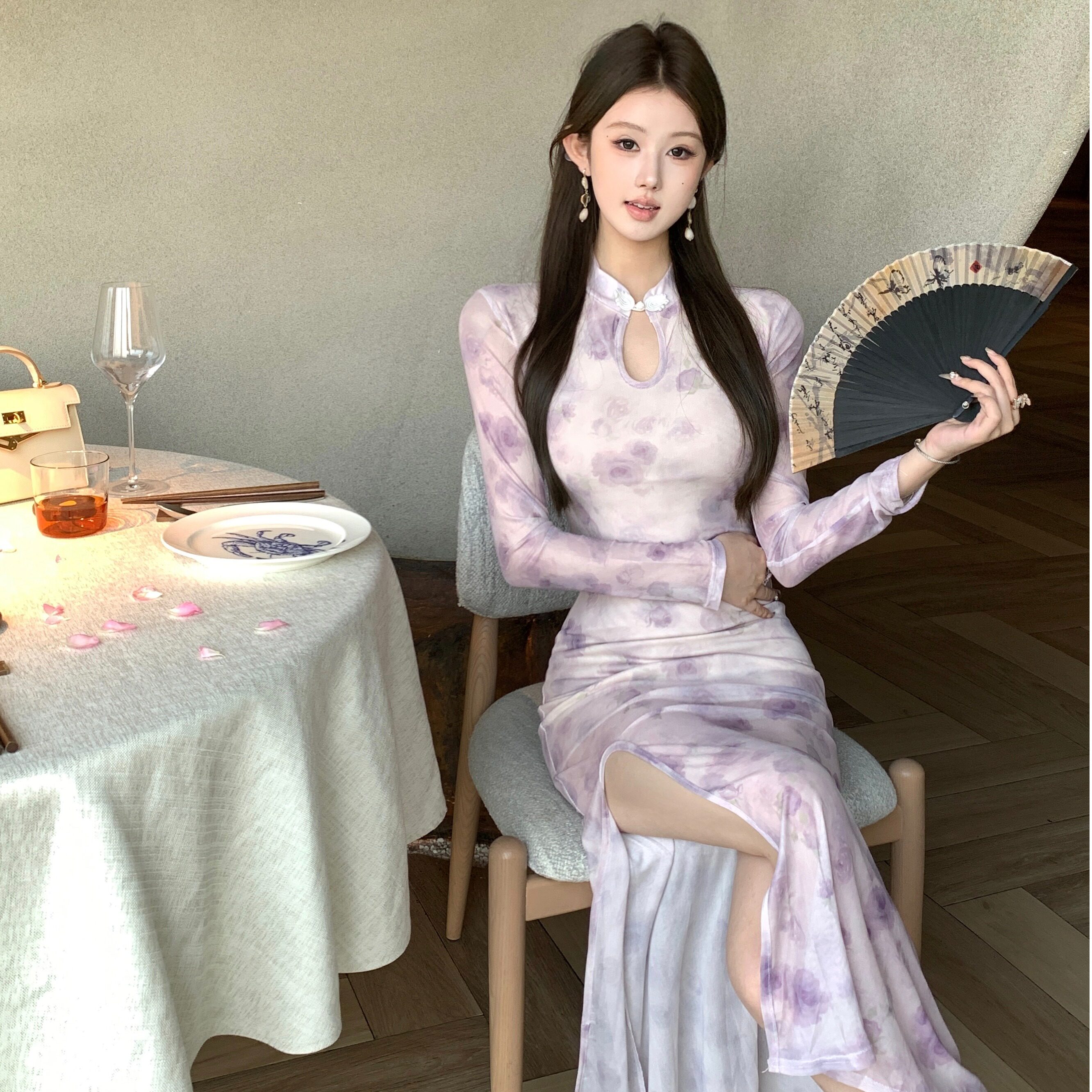 秋季直播衣服女主播新中式修身旗袍改良年轻款开叉裙子长袖连衣裙