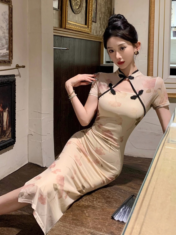 2025夏新款网红直播纯欲性感修身开叉旗袍中式复古连衣裙女技师服
