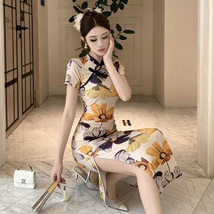 旗袍连衣裙女技师服 包臀开叉短袖 2026新中式 复古优雅气质日常修身