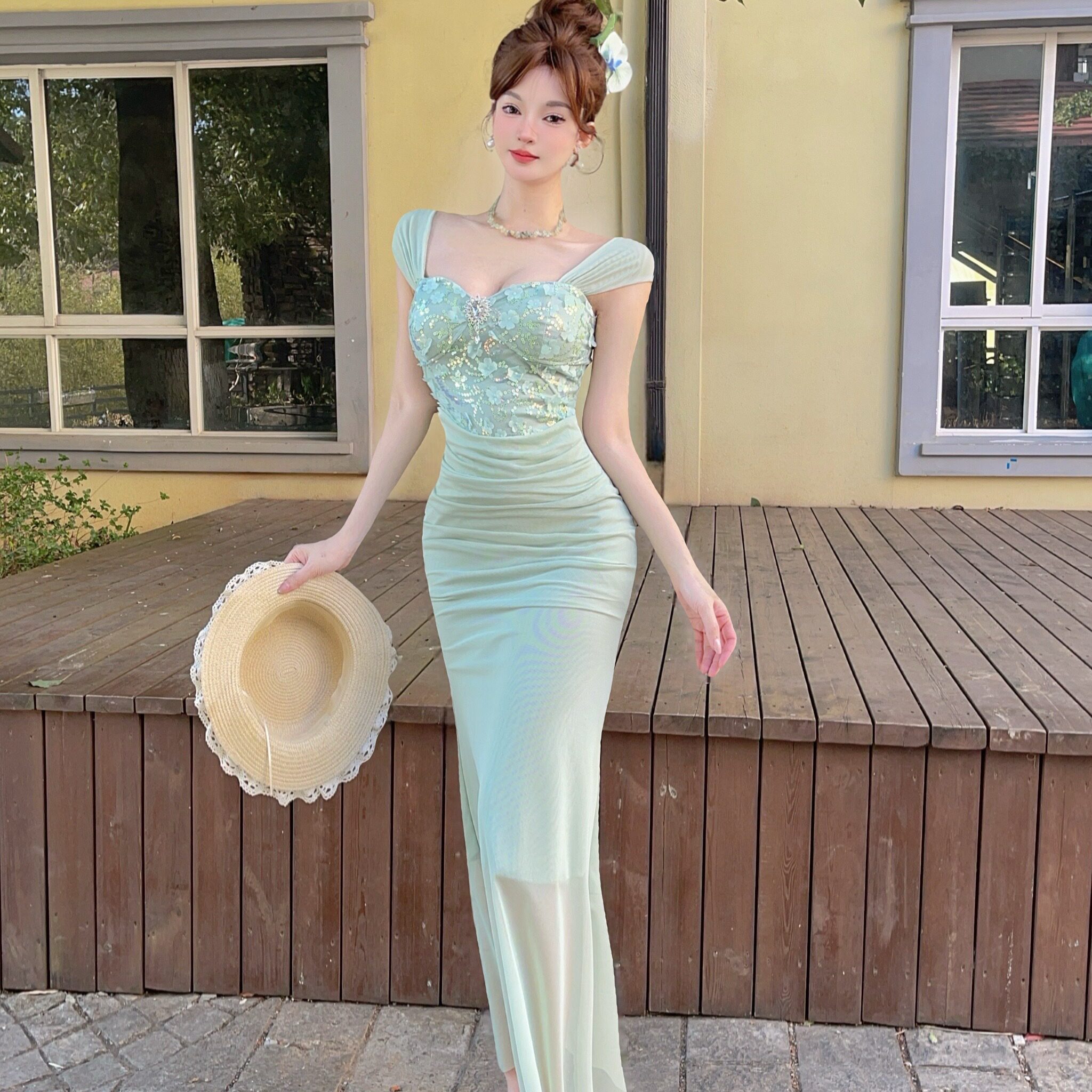 KTV夜店性感低胸蕾丝网纱修身包臀长裙spa按摩女技师工作服连衣裙