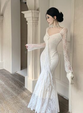 纯欲风鱼尾裙蕾丝白色立体花朵