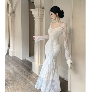 高级感法式轻奢小众鱼尾礼服连衣裙女秋冬打底修身蕾丝仙女长裙子