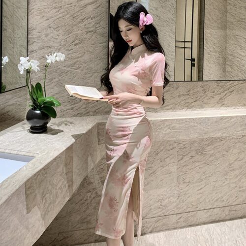 复古日常中长印花开叉旗袍显身材