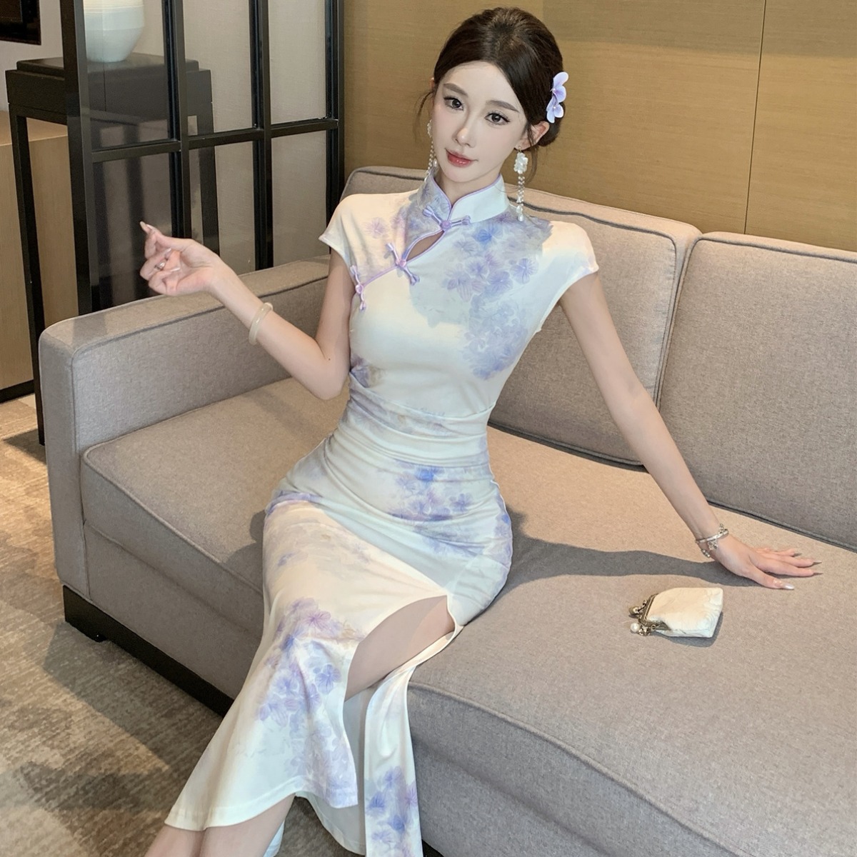 复古日常中长款开叉旗袍显身材