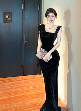 高级感轻奢小众名媛风修身显瘦开叉晚宴年会黑色礼服长裙女连衣裙