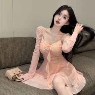 性感纯欲网纱长袖 连衣裙女小众减龄显白收腰大摆A字裙 款 2026春季