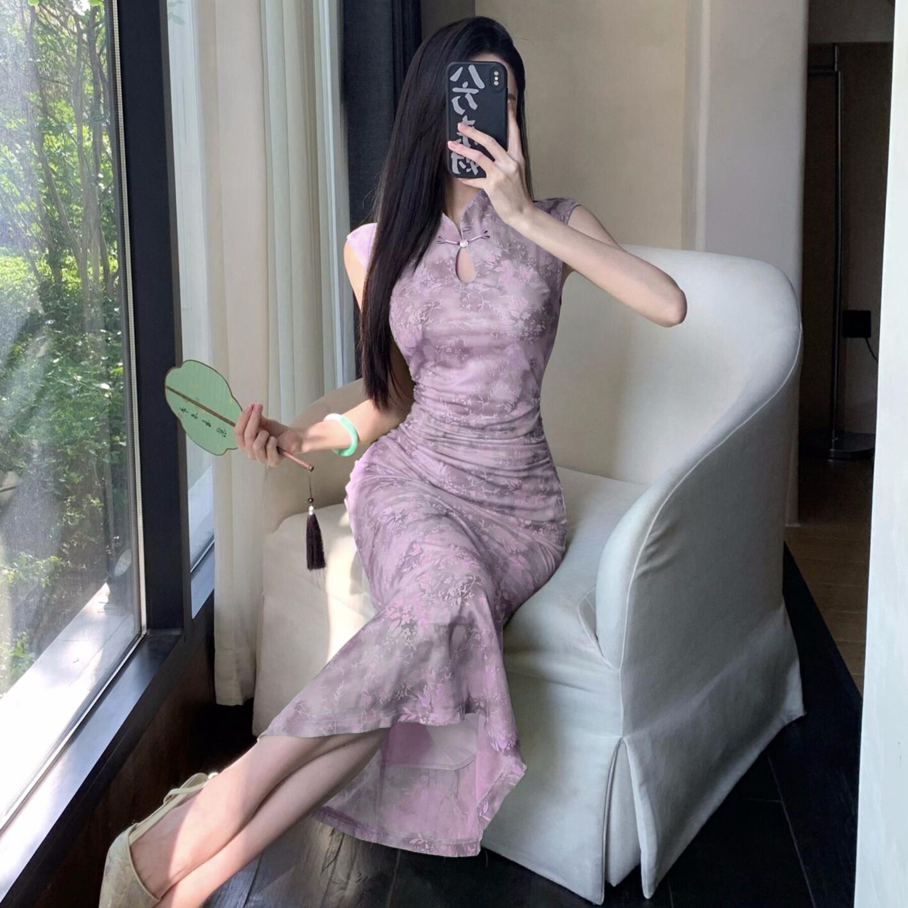 复古日常中长款印花旗袍弹力显瘦