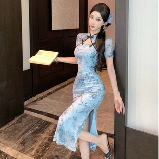 气质绝美修身开叉新中式国风古典舞蹈旗袍短袖连衣裙女技师工作服