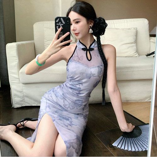 新中式修身包臀开叉旗袍连衣裙