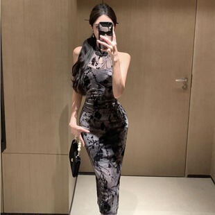 新中式旗袍复古国风修身显瘦气质性感无袖包臀开衩连衣裙女舞蹈服