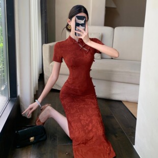 传统旗袍连衣裙 显瘦包臀开叉日常可穿短袖 新中式 复古优雅气质修身